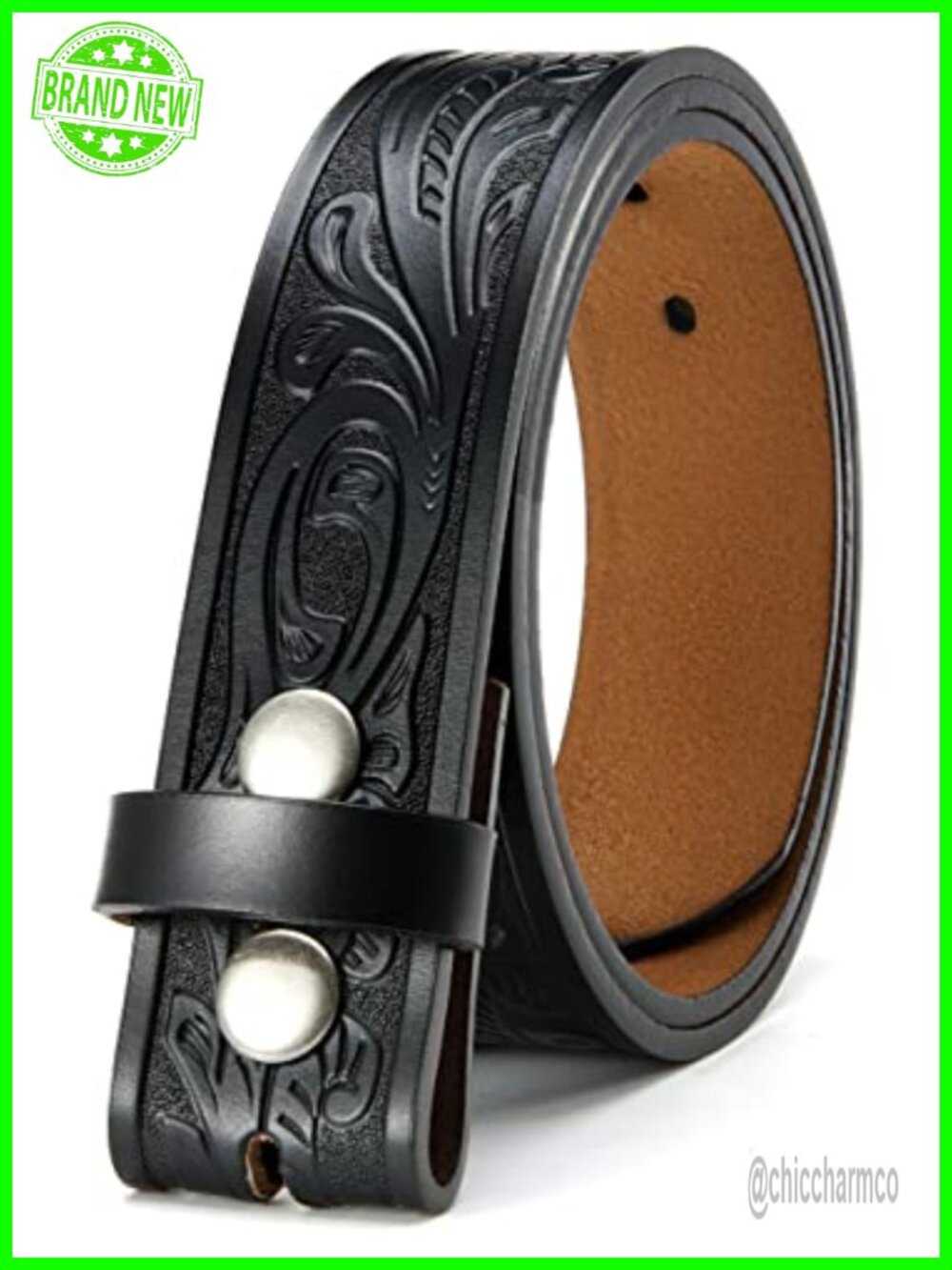 Full-Grain Leather Western Cowboy Belt Hand-Tooled Floral Snap Buckle